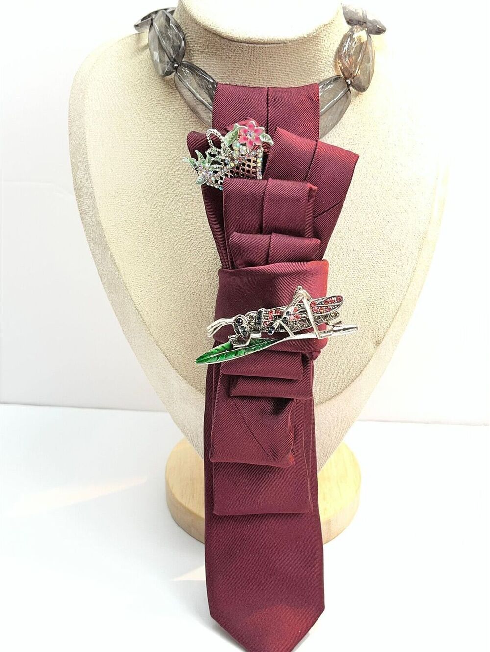 #530 Up Cycled Neck Tie Necklace Martin Red Grass Hopper Brooch